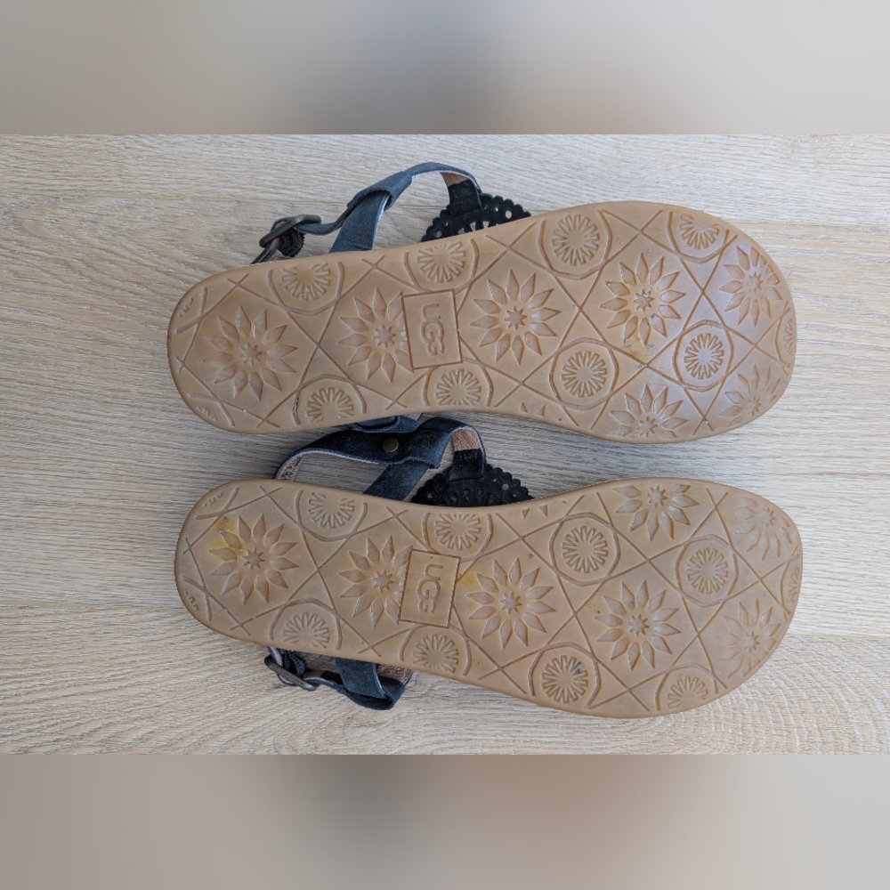 Like new/UGG Black T-Strap Cork Footbed Sandals with Medallion Accent - Picture 5 of 5